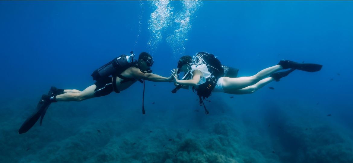 August 20, 2020. Anapa, Russia. Couple Of Scuba Divers Glides Un